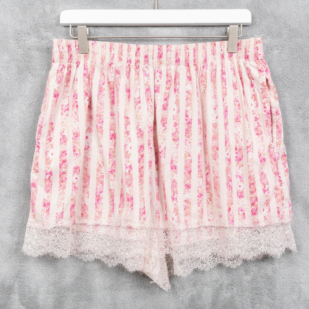 VICTORIAS SECRET Floral Stripe Lace Trim Pajama Shorts Romantic Pink Sz L